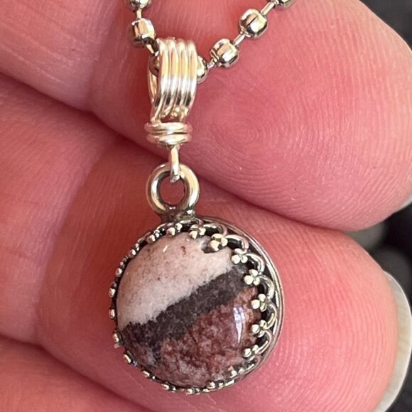 Minimalist Picture Jasper Pendant Necklace | Silver Tone Crown Bezel - Picture 6 of 7